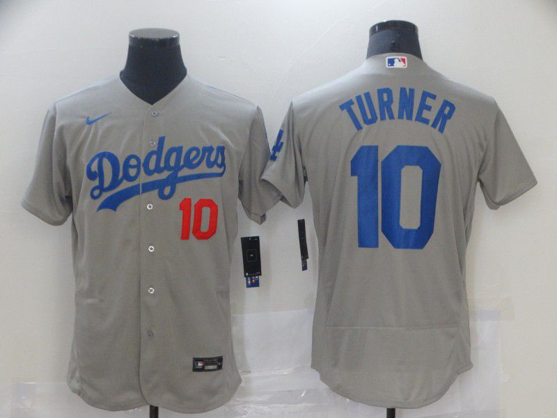 Men Los Angeles Dodgers 10 Turner Grey Elite Nike 2021 MLB Jerseys